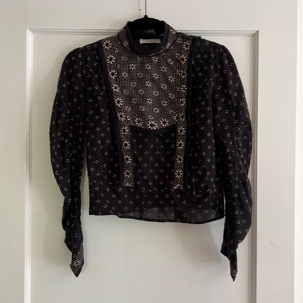 Doen XS black floral cotton blouse